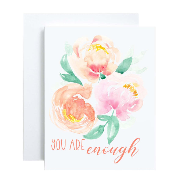 watercolor peonies in soft pastel colors friendship greeting card that says you are enough with a white A2 envelope