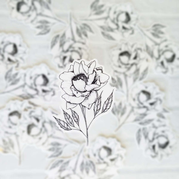 3" hand illustrated, black and white botanical peony vinyl sticker