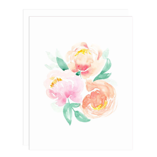 Notecard with a watercolor painting of 3 full blooming peonies
