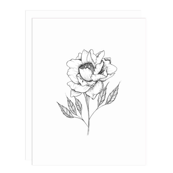 Notecard with an illustration of a open blooming peony in black and white.