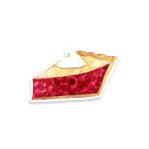 3" vinyl sticker of a watercolor painted slice of cherry pie with whipped cream on top