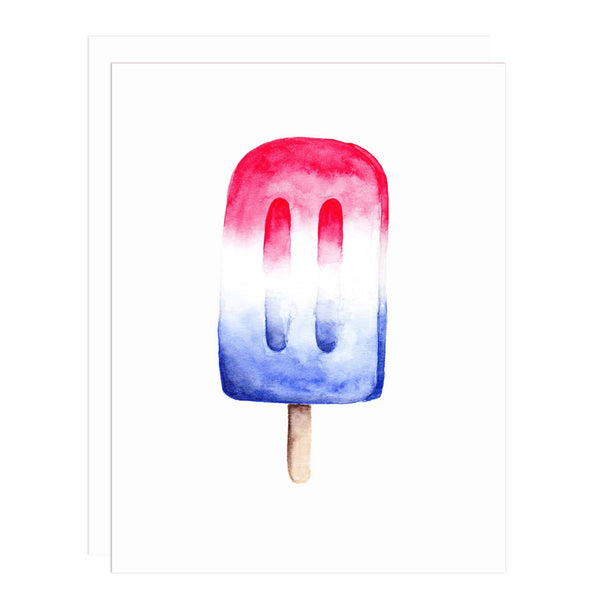 Notecard with a painting of a patriotic red white and blue popsicle with a brown wooden popsicle stick.