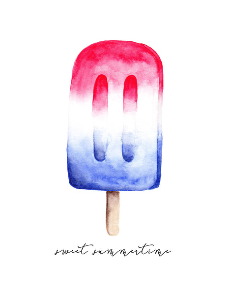 Wall art of a red white and blue popsicle and says sweet summertime in black