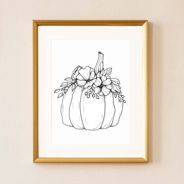 Mix or Match Gift Set of black and white illustrated botanical designs showing the pretty pumpkin illustrated art print