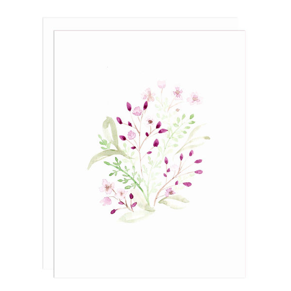 Notecard with a watercolor painting of tiny purple blooms and purple buds with greenery
