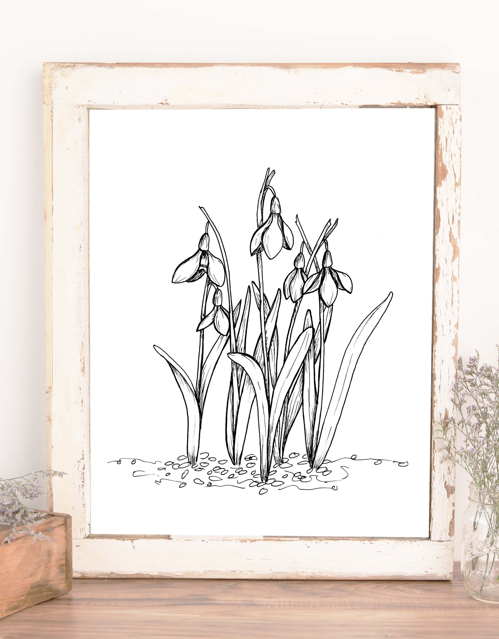 Illustrated wall art design of snowdrop flowers in black and white
