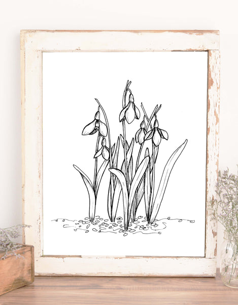 Illustrated wall art design of snowdrop flowers in black and white