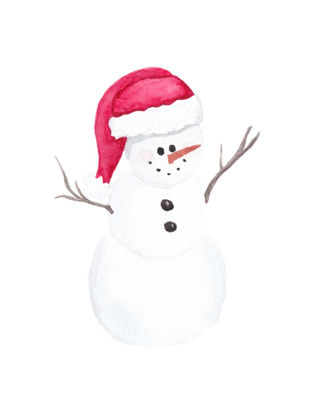 Watercolor painting of a chubby snowman wearing a santa hat