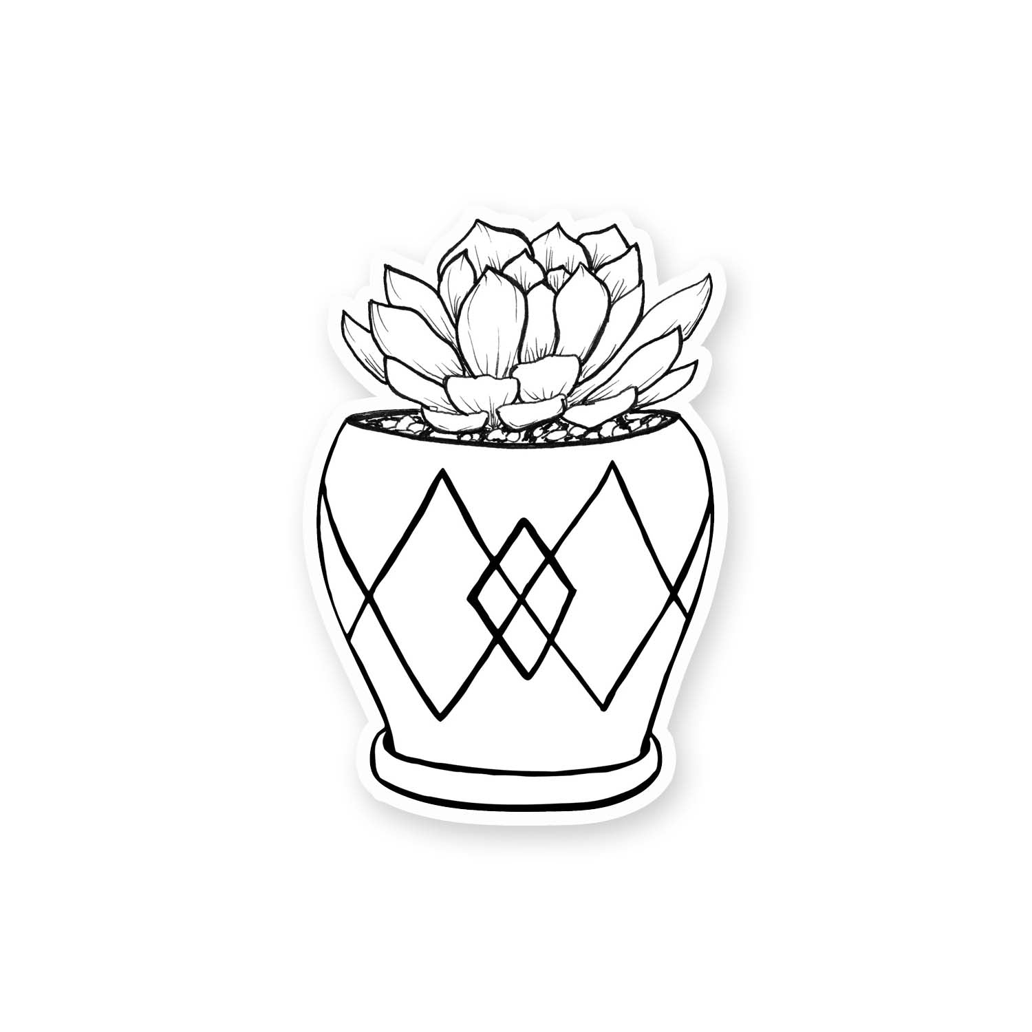 3" black and white hand illustration of a succulent plant in a mini pot