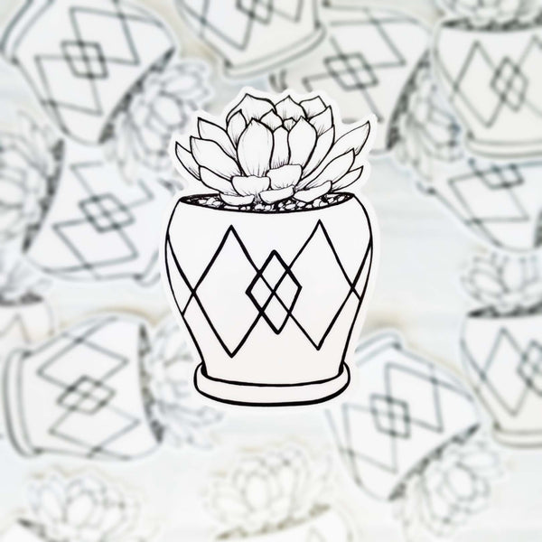 3" black and white hand illustration of a succulent plant in a mini pot