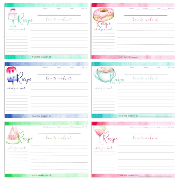 Set of 12 watercolor food recipe cards including cake, donut, patriotic popsicle, coffee mug, slice of watermelon and cocktail with a slice of lime.