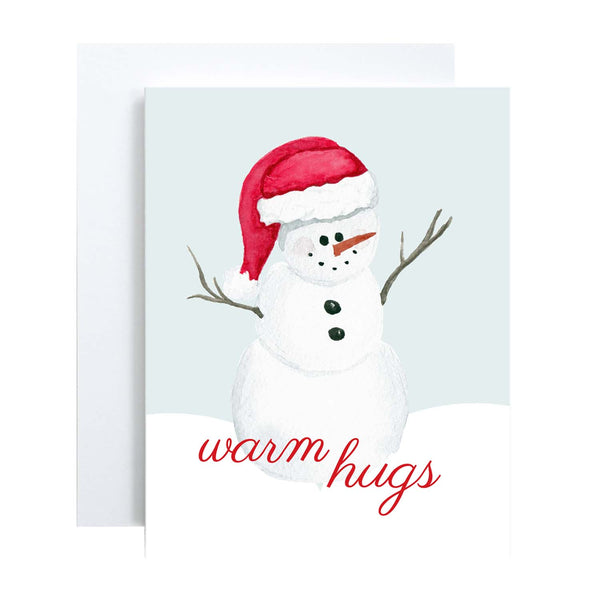 Watercolor Christmas greeting card with cute painted snowman with a red santa hat that says warm hugs