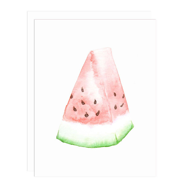 Notecard with a watercolor painting of a large wedge slice of watermelon.