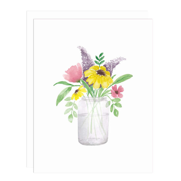 Notecard with a painting of a bouquet of purple, yellow and pink wildflowers in a glass jar filled with water.