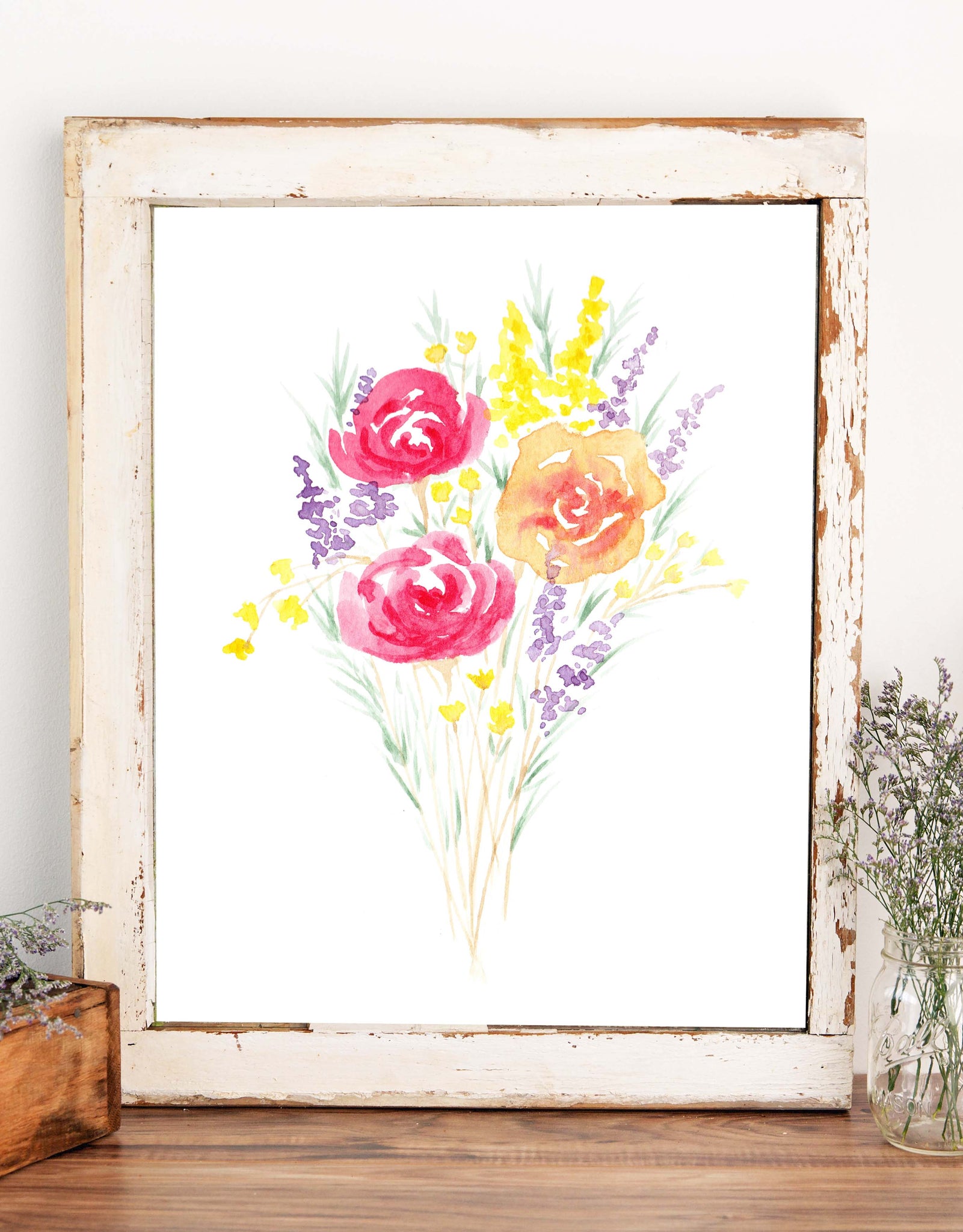 Watercolor wall art of a Bouquet of warm red, orange, yellow and purple wild flowers gathered together shown in a chippy old farmhouse frame