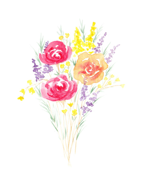 Watercolor wall art of a Bouquet of warm red, orange, yellow and purple wild flowers gathered together