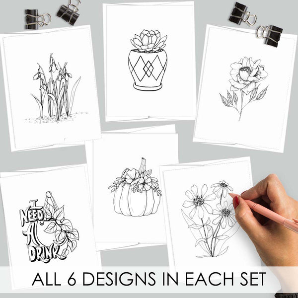 Mix or Match Gift Set of black and white illustrated botanical designs showing all 6 card designs