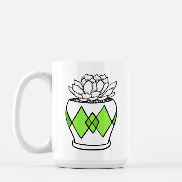 15oz white ceramic mug with hand lettered illustrated design of a succulent plant in a pot with green diamond pattern