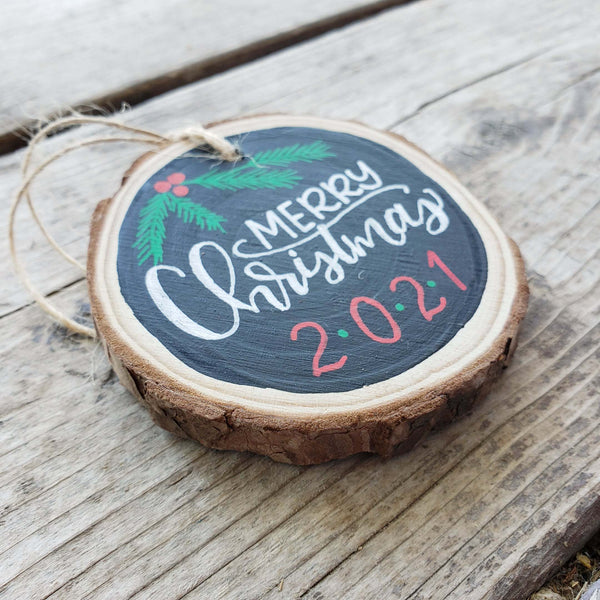 Merry Christmas Hand Painted Wood Slice Ornament