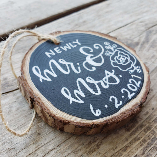 Newly Mr & Mrs {Personalized} Hand Painted Wood Slice Ornament
