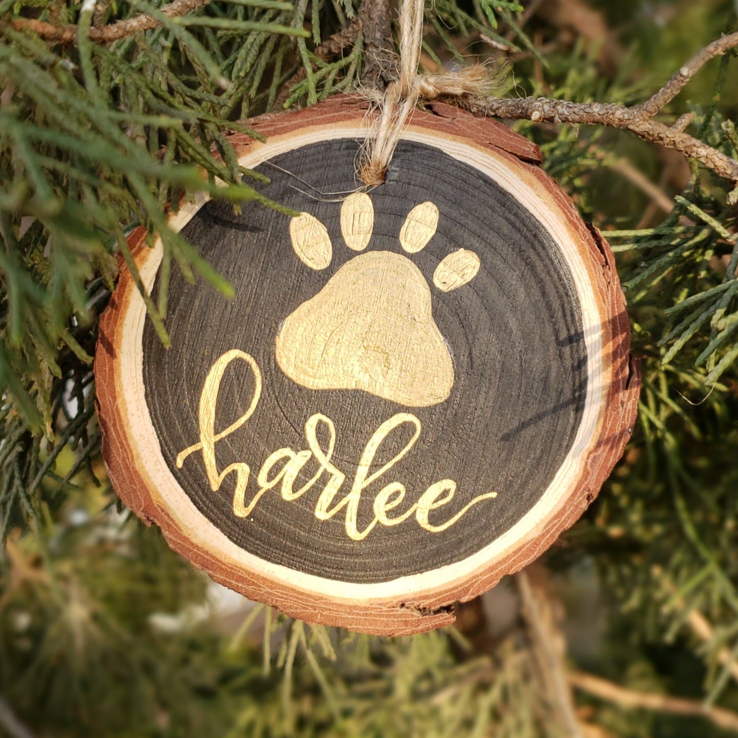 rustic wood slice ornament that says your pet's name hand lettered in gold with a paw print in gold hanging from a tree