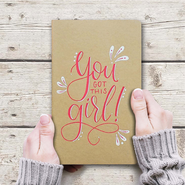 hand painted journal that says you got this girl in red and white with doodles and dots