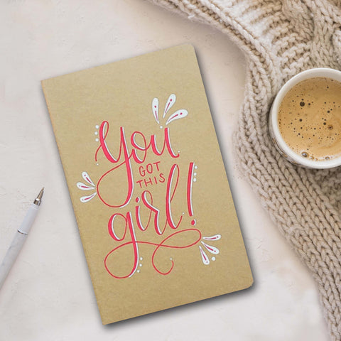 hand painted journal that says you got this girl in red and white with doodles and dots