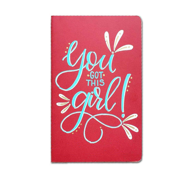 hand painted journal that says you got this girl in turquoise, white and gold with doodles and dots